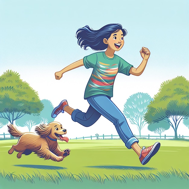 Una joven corre con un perro spaniel