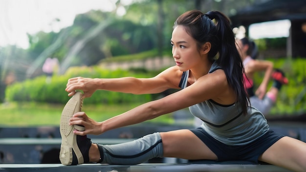 Una joven corredora asiática sana calienta el cuerpo estirándose antes del ejercicio y el yoga.