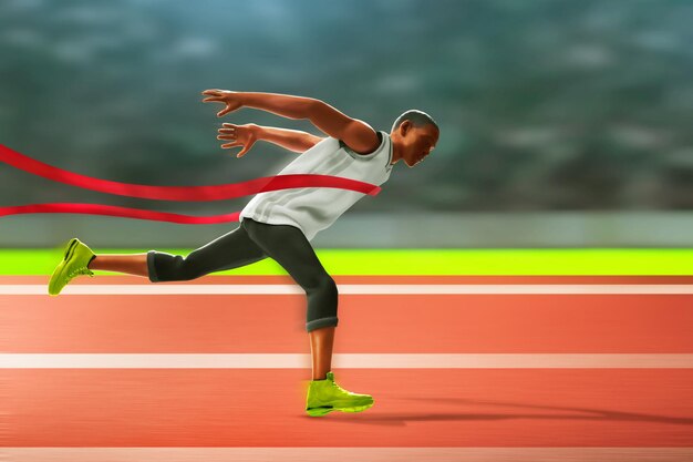 Un joven corriendo en el campo del estadio Ilustración en 3D