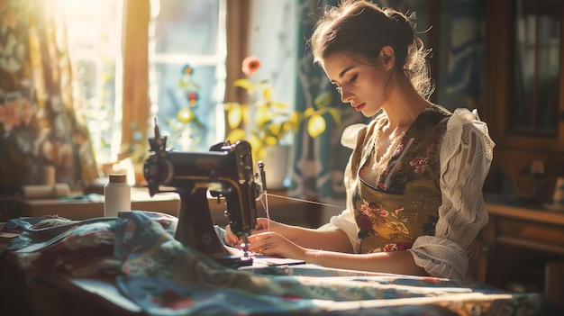 Joven costurera enfocada trabajando en su última creación está usando una máquina de coser vintage