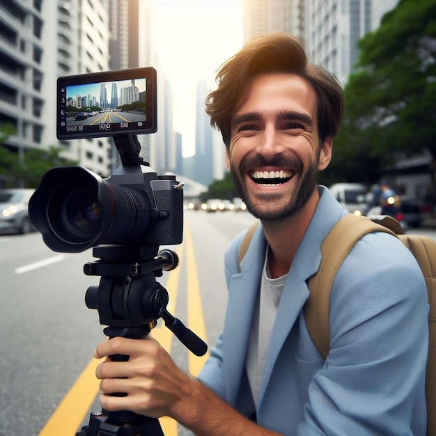 Foto joven creador de contenido en la calle con su cámara