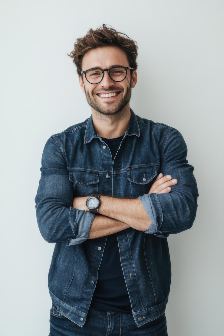 Un joven creativo sonriente con gafas y chaqueta de vaqueros está posando con los brazos cruzados