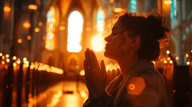 Foto una joven cristiana reza en la bendita luz de una iglesia que se vuelve a cristo, a la biblia y a sus enseñanzas en busca de fuerza.