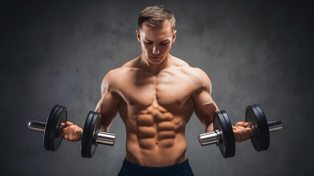 Joven culturista sin camisa con cuerpo musculoso haciendo ejercicio con pesas sobre fondo oscuro