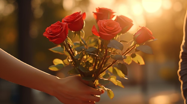 Un joven le da un ramo de rosas a su novia en una ocasión especial, el Día de San Valentín.