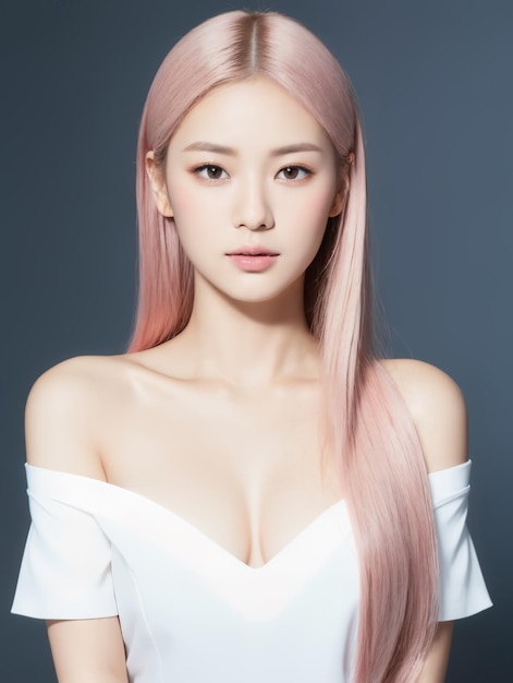 Joven dama de oficina de belleza asiática cabello rosado con estilo de maquillaje coreano en la cara con fondo de estudio