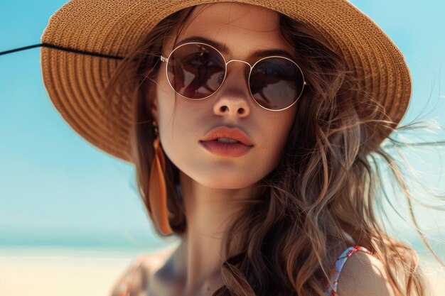 Joven dama con sombrero y gafas de sol en la playa moda de verano