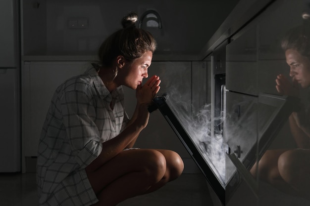 Joven decepcionado mirando el horno humeante con comida recocida