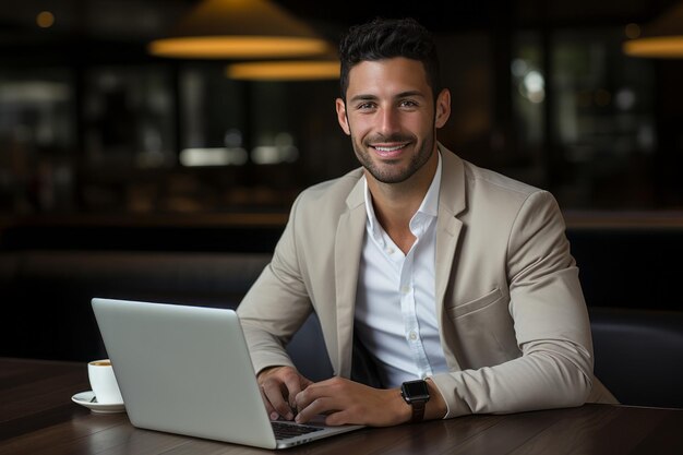 Un joven decidido y una chica segura de sí mismos trabajando en computadoras portátiles en un café ocupado sonriendo a la cámara