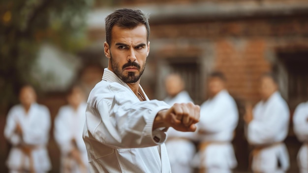 Un joven decidido con un gi de karate blanco practica su kata en un patio al aire libre