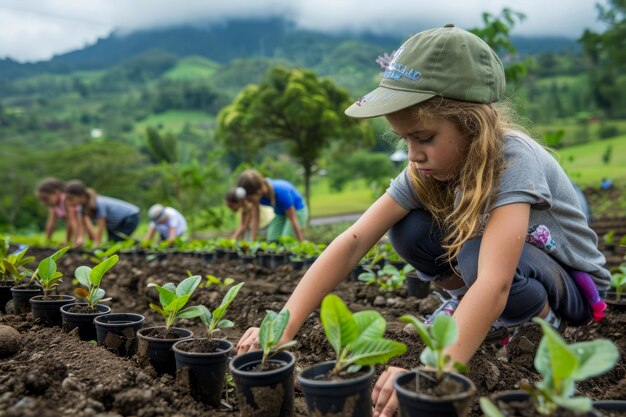 Una joven se dedica a la jardinería comunitaria con su familia y amigos en un entorno verde y exuberante