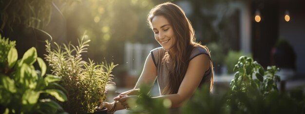 Foto la joven se dedica a la jardinería cuidando las plantas de su casa.