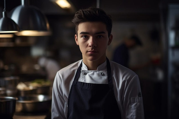 Un joven con delantal se para en una cocina con un chef al fondo.