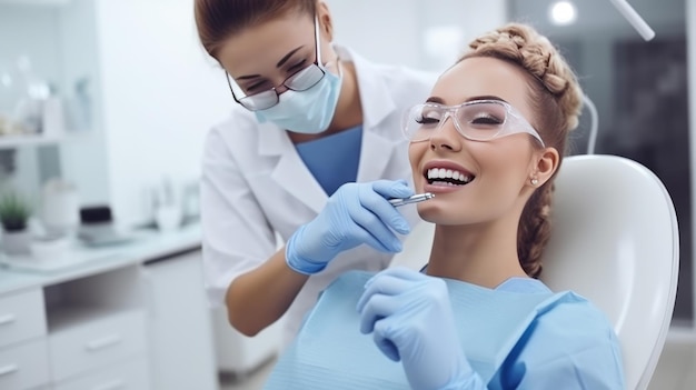 Joven dentista perforando diente al paciente