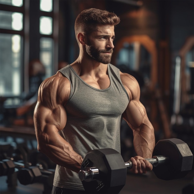 Joven deportista está haciendo ejercicios con pesas en un club de gimnasia vacío