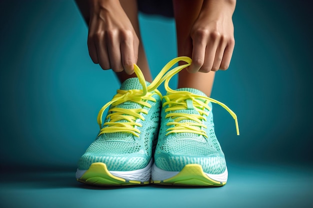 Una joven deportista se pone elegantes zapatillas de deporte de colores para entrenar