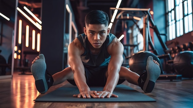 Joven deportista serio calentándose en el gimnasio