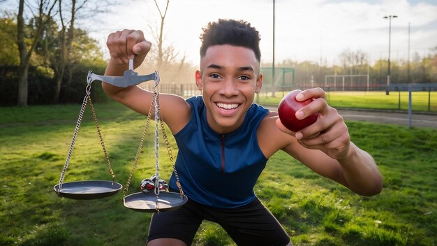 Foto un joven deportista sonriente con una balanza y una manzana