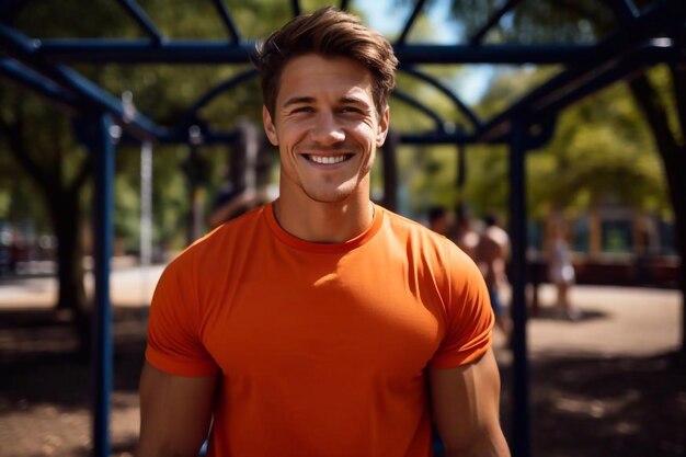 Foto un joven deportista sonriente haciendo ejercicio en el parque.