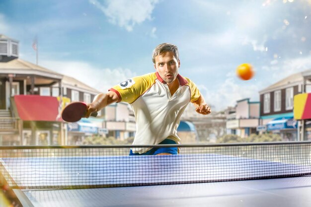 un joven deportista de tenis de mesa está jugando en un fondo claro