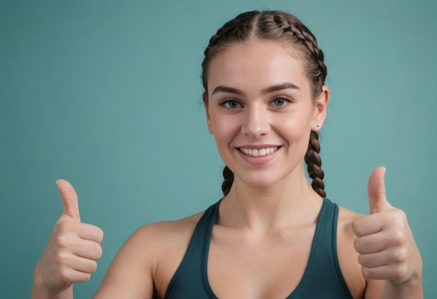 Una joven deportiva con el cabello trenzado da dos pulgares hacia arriba con una camiseta de gimnasia y mostrando