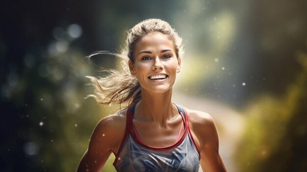 Foto joven deportiva corriendo por la carretera en el parque