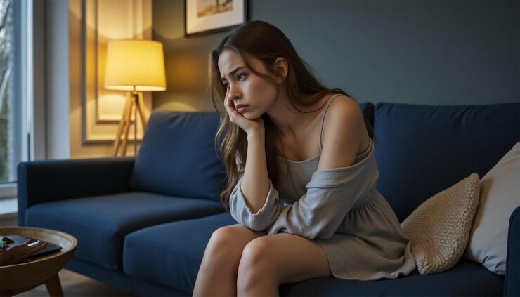 Una joven deprimida y agotada sentada en un sofá.