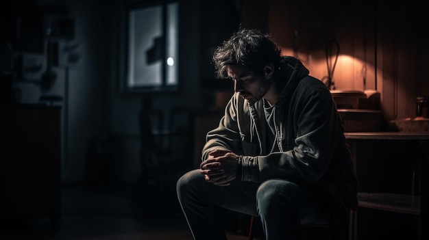 Joven deprimido sentado a la mesa en un cuarto oscuro