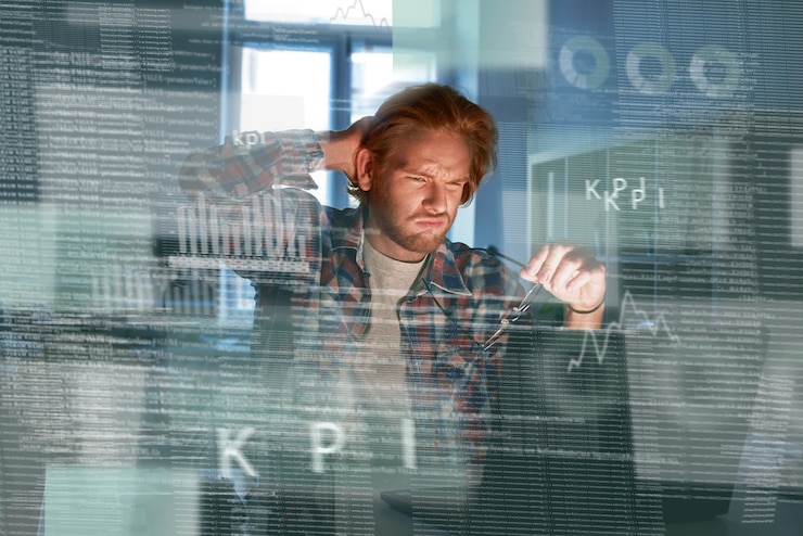 Foto joven desarrollador de computadoras concentrado escribiendo nuevo código
