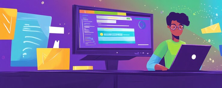 Foto el joven desarrollador de software está codificando desde casa en una computadora portátil con una gran pantalla de datos