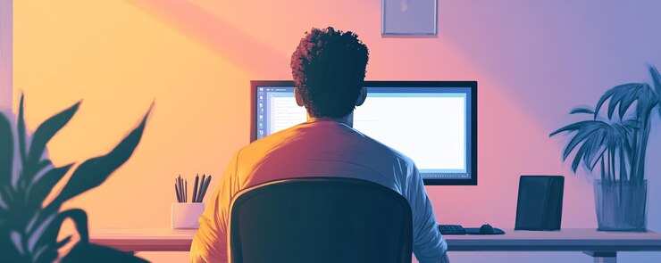 Foto joven desarrollador trabajando desde casa en la ilustración de computadoras de escritorio