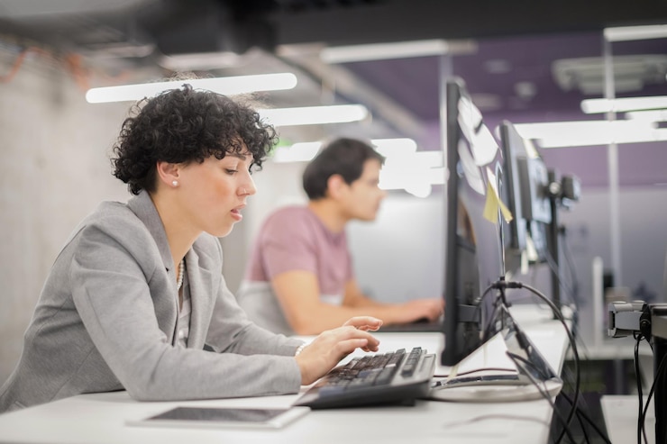 Foto joven desarrolladora de software con computadora de escritorio mientras escribe código de programación en la oficina de inicio creativo moderno