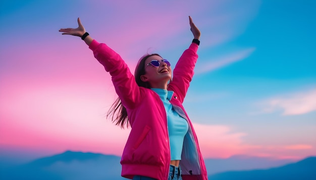 joven despreocupada y feliz con los brazos abiertos en el cielo azul