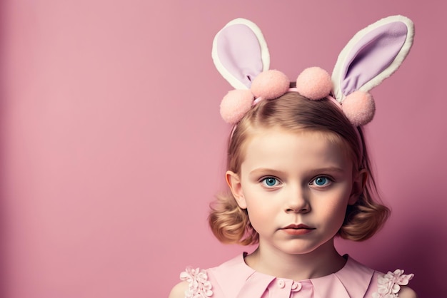 Joven con diadema de orejas de conejo aislada en un fondo rosa en una fotografía de estudio generada por Ai