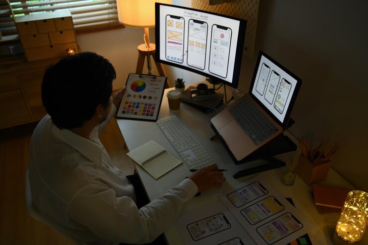 Foto joven diseñador masculino asiático trabajando en un proyecto de diseño de software de aplicación móvil en una habitación oscura