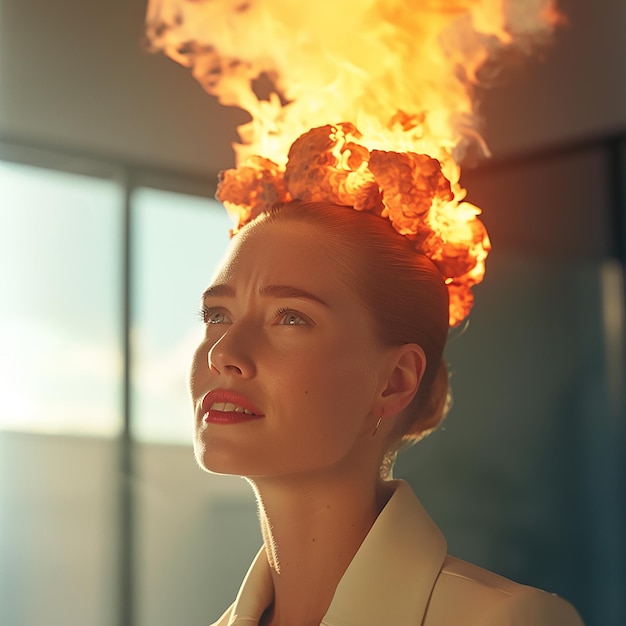 Una joven diseñadora exasperada por un cliente en un verdadero volcán en la parte superior de su cabeza