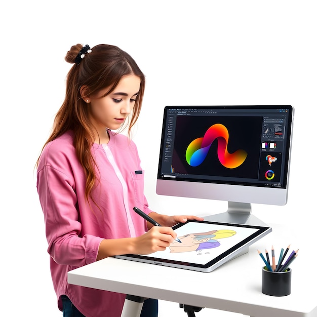 Joven diseñadora usando una tableta gráfica aislada sobre el fondo blanco