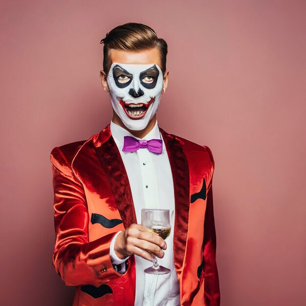 Foto joven disfrazado de halloween posando en el estudio y sosteniendo un vaso