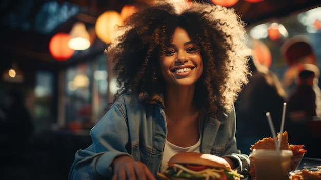 Una joven disfruta de una deliciosa hamburguesa con queso que se mezcla en las papilas gustativas y los ojos se iluminan de satisfacción.