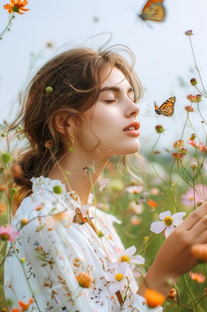 Una joven disfruta de la naturaleza rodeada de flores silvestres y mariposas en un campo sereno al atardecer