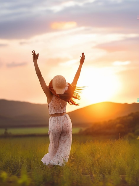 La joven disfruta de la puesta de sol sintiendo la libertad y la felicidad