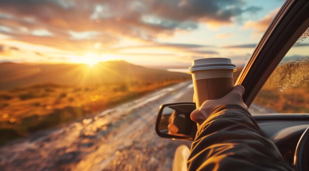 Joven disfrutando del amanecer panorámico mientras conduce con café para ir a la taza en una hermosa carretera