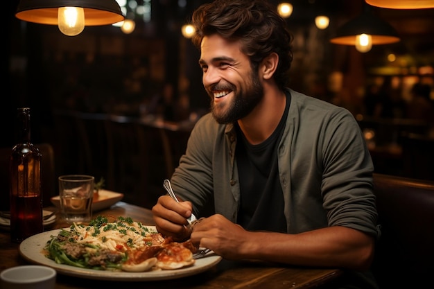 Un joven disfrutando de una comida en un restaurante