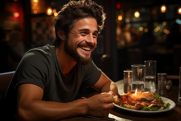 Un joven disfrutando de una comida en un restaurante