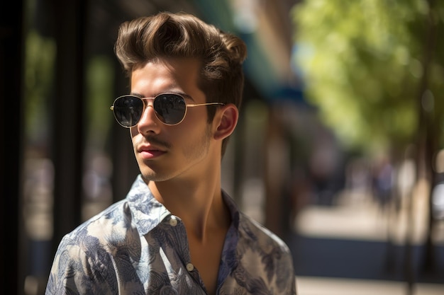 Un joven disfrutando del sol de verano con un par de elegantes gafas de sol creadas con ai generativo