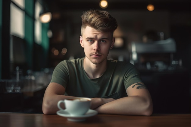 Joven disfrutando de una taza de café en una cafetería generativa ai