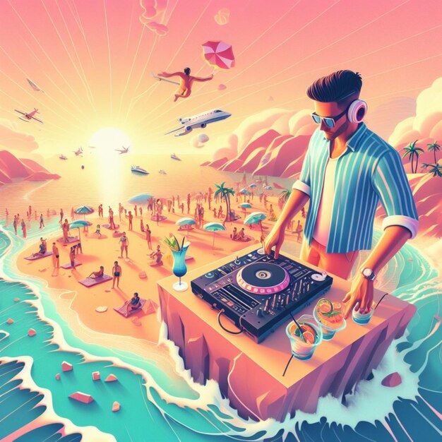 El joven DJ usa gafas, auriculares, DJ en una fiesta de playa llena de gente, isla tropical isométrica.