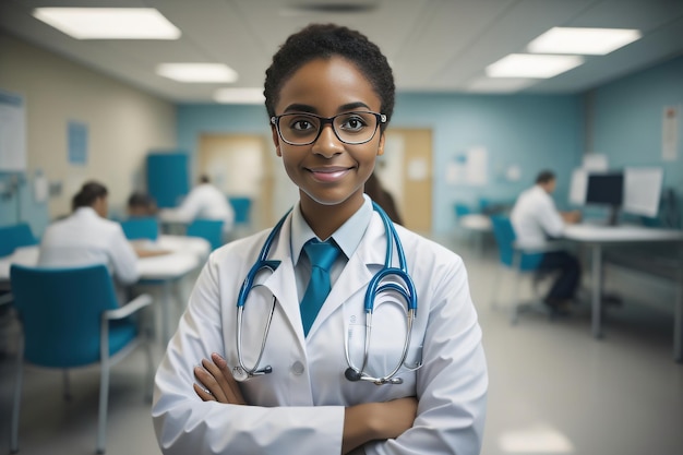 Una joven doctora afroamericana negra sonriendo