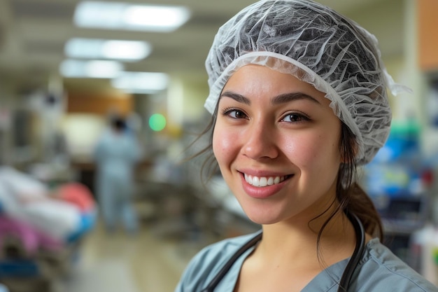 Joven doctora elegante con un estetoscopio de pie y sonriendo en el hospital