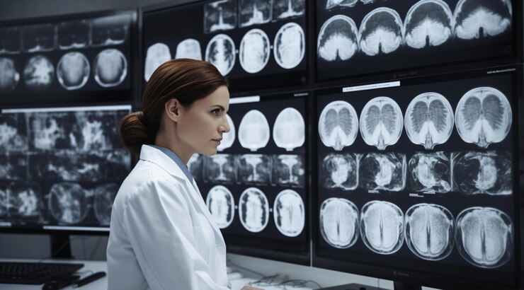 Una joven doctora está de pie en un puesto con un renge creado utilizando tecnología de IA generativa